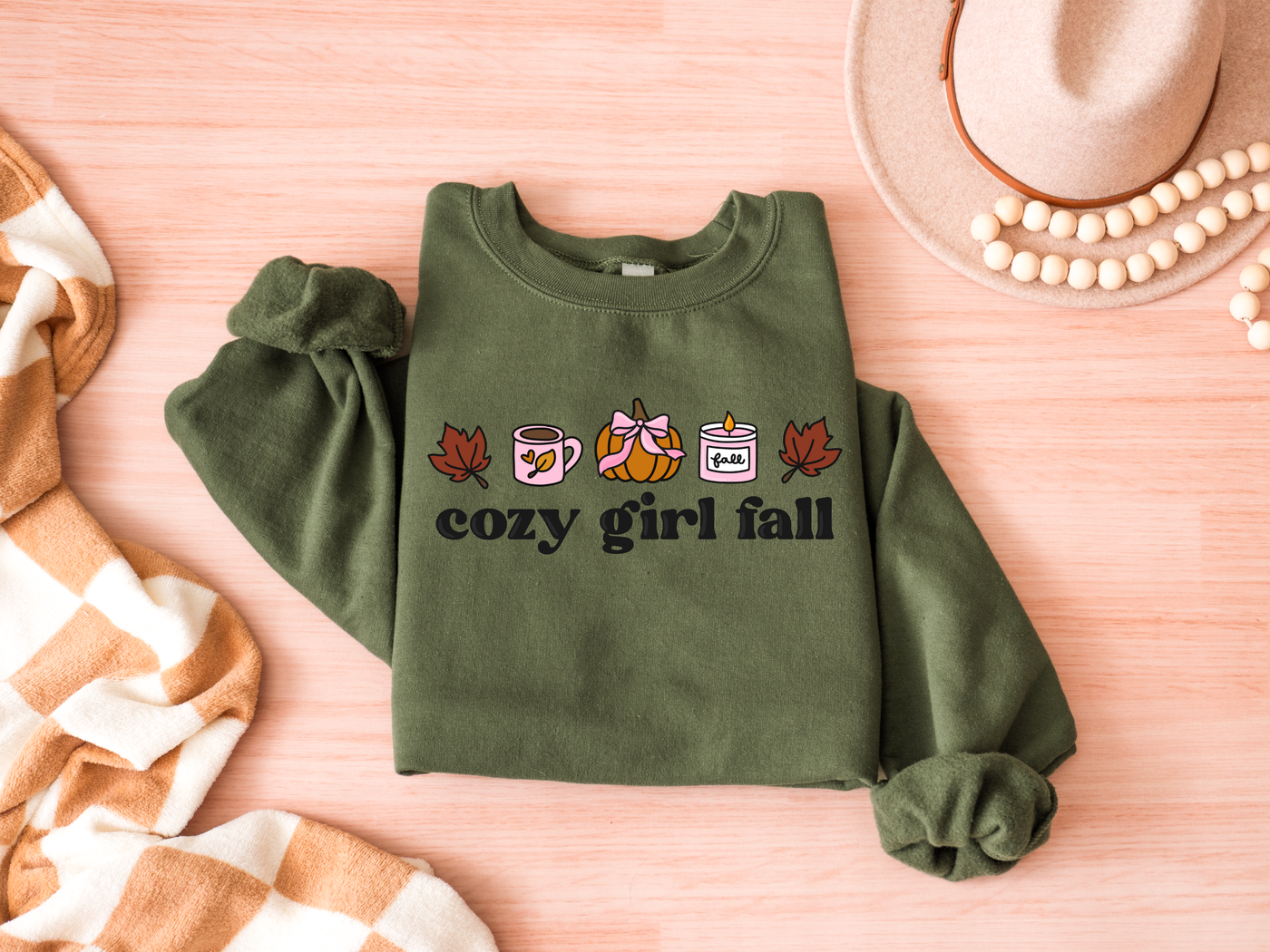 Cozy Girl Fall Graphic T-Shirt and Sweatshirt in Military Green
