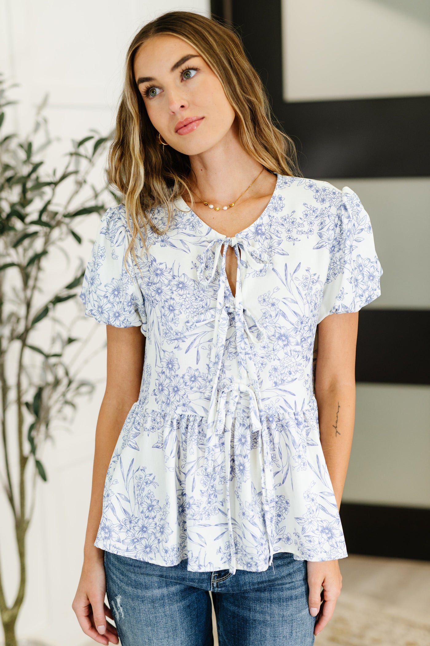 Dainty Lil' Thing Balloon Sleeve Blouse in Ivory/Blue Southern Soul Collectives