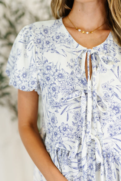 Dainty Lil' Thing Balloon Sleeve Blouse in Ivory/Blue Southern Soul Collectives