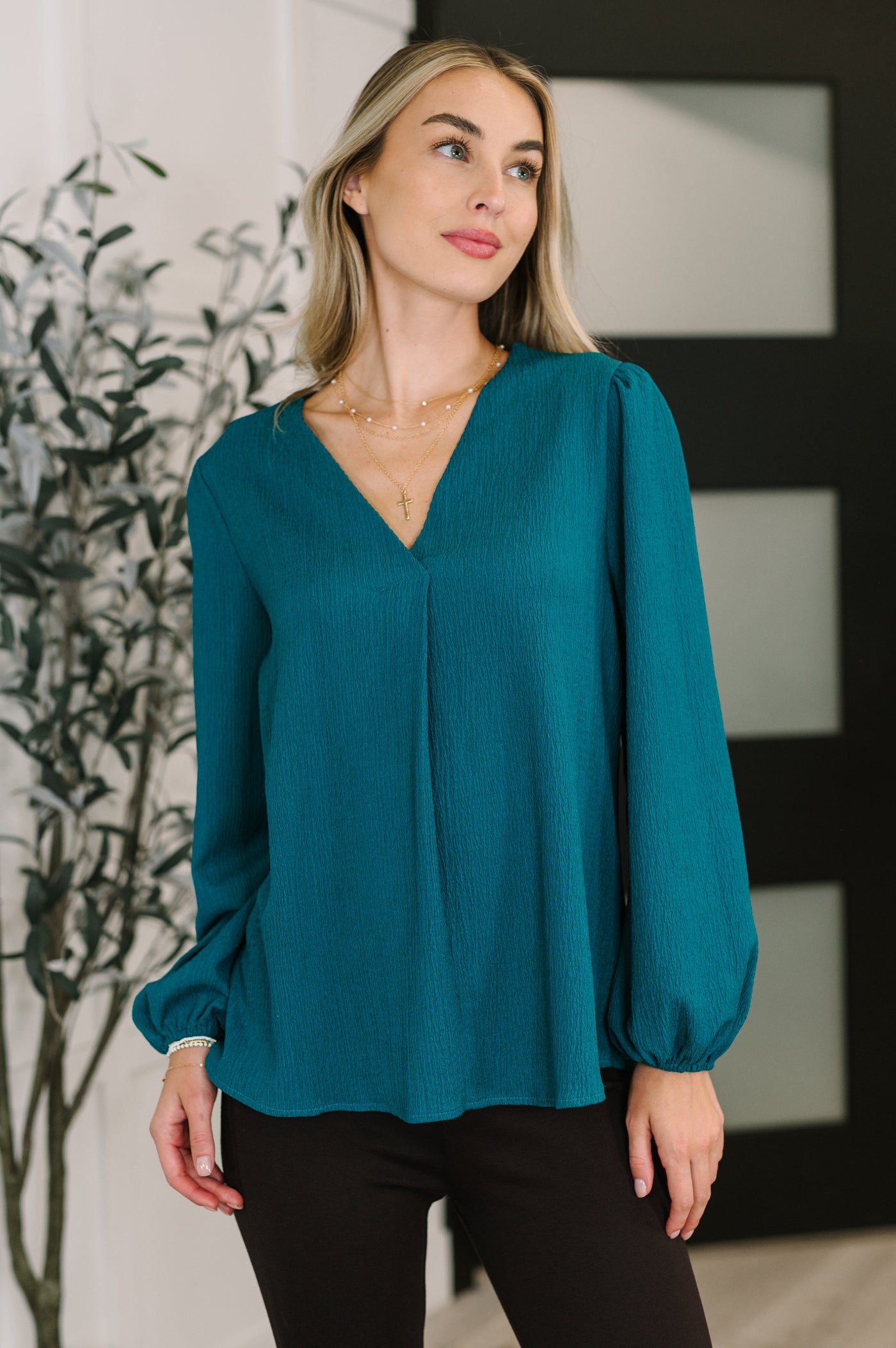 Desk to Dinner V-Neck Balloon Sleeve Blouse Southern Soul Collectives