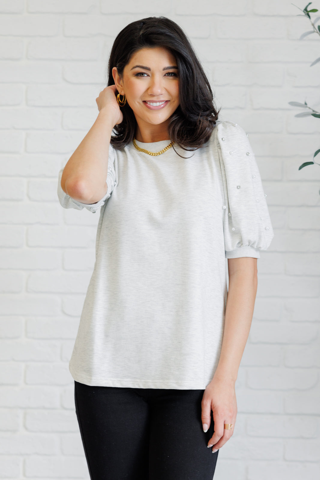 Diamonds and Pearls Puff Sleeve Top in Light Grey Southern Soul Collectives