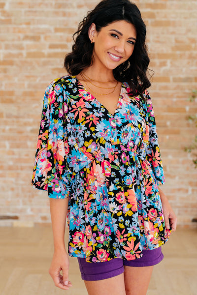 Dreamer Peplum Top in Black Multi Floral Southern Soul Collectives