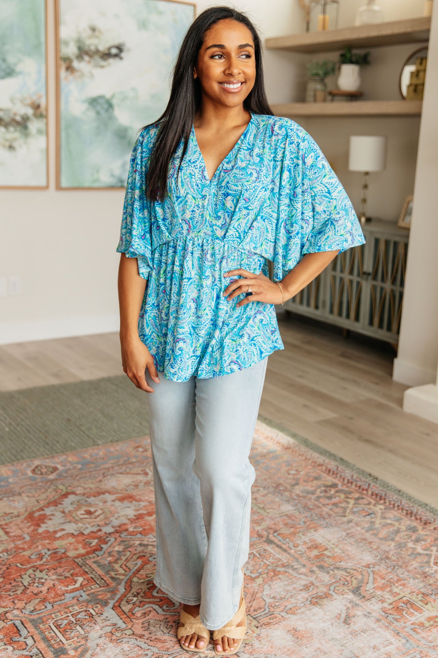 Dreamer Peplum Top in Blue and Teal Paisley Southern Soul Collectives