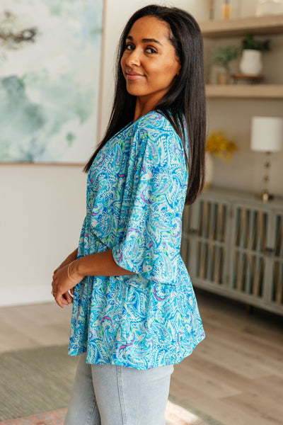 Dreamer Peplum Top in Blue and Teal Paisley Southern Soul Collectives