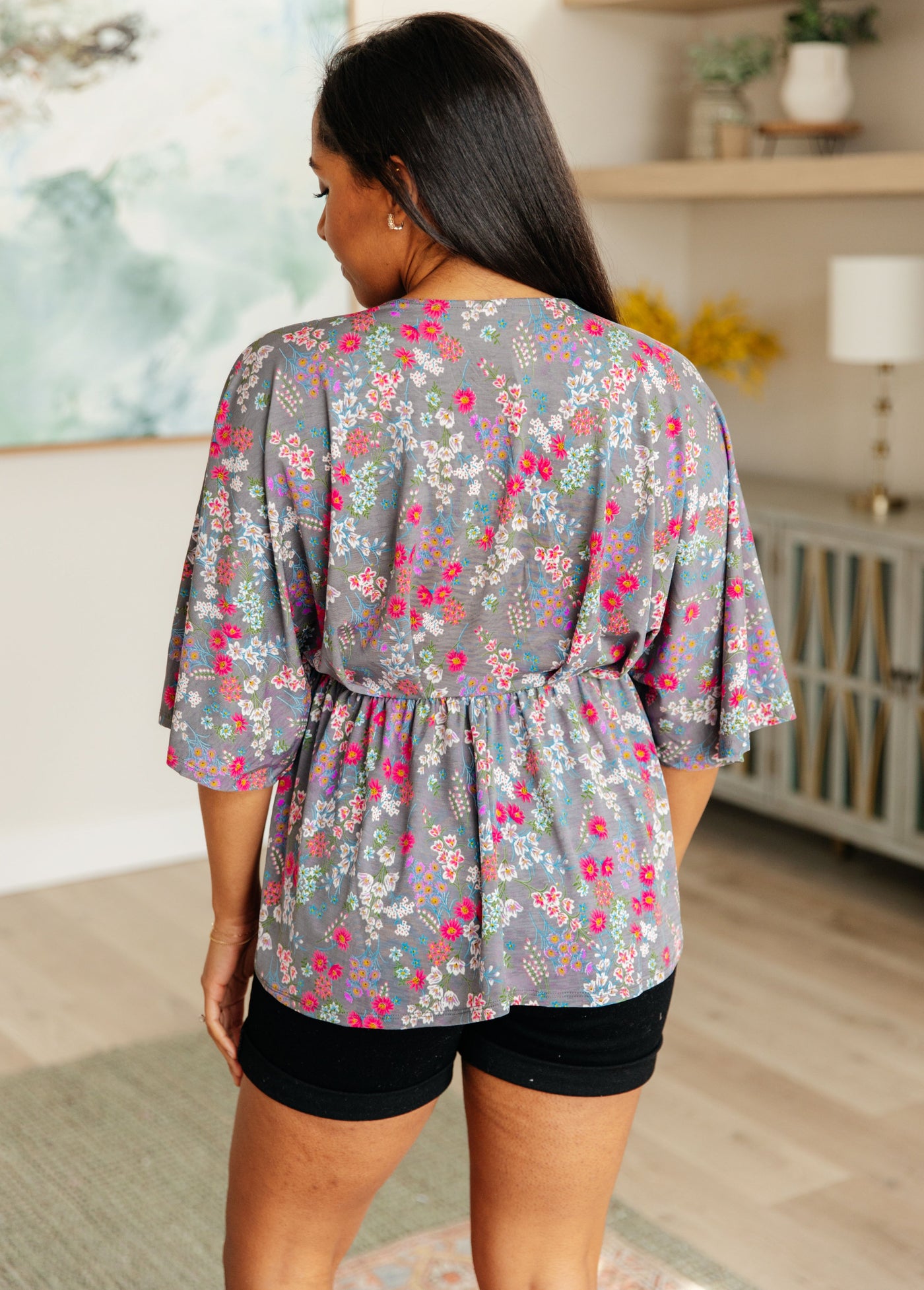 Dreamer Peplum Top in Grey and Pink Floral Southern Soul Collectives
