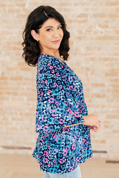 Dreamer Peplum Top in Navy and Lavender Animal Print Southern Soul Collectives