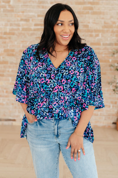 Dreamer Peplum Top in Navy and Lavender Animal Print Southern Soul Collectives