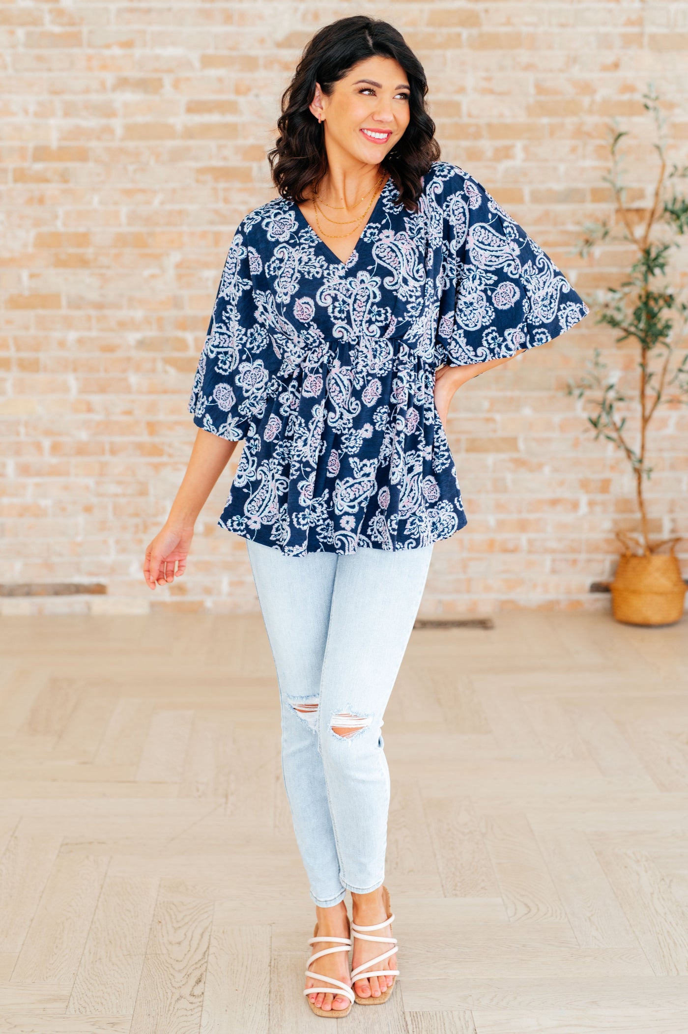 Dreamer Peplum Top in Navy and Pink Paisley Southern Soul Collectives