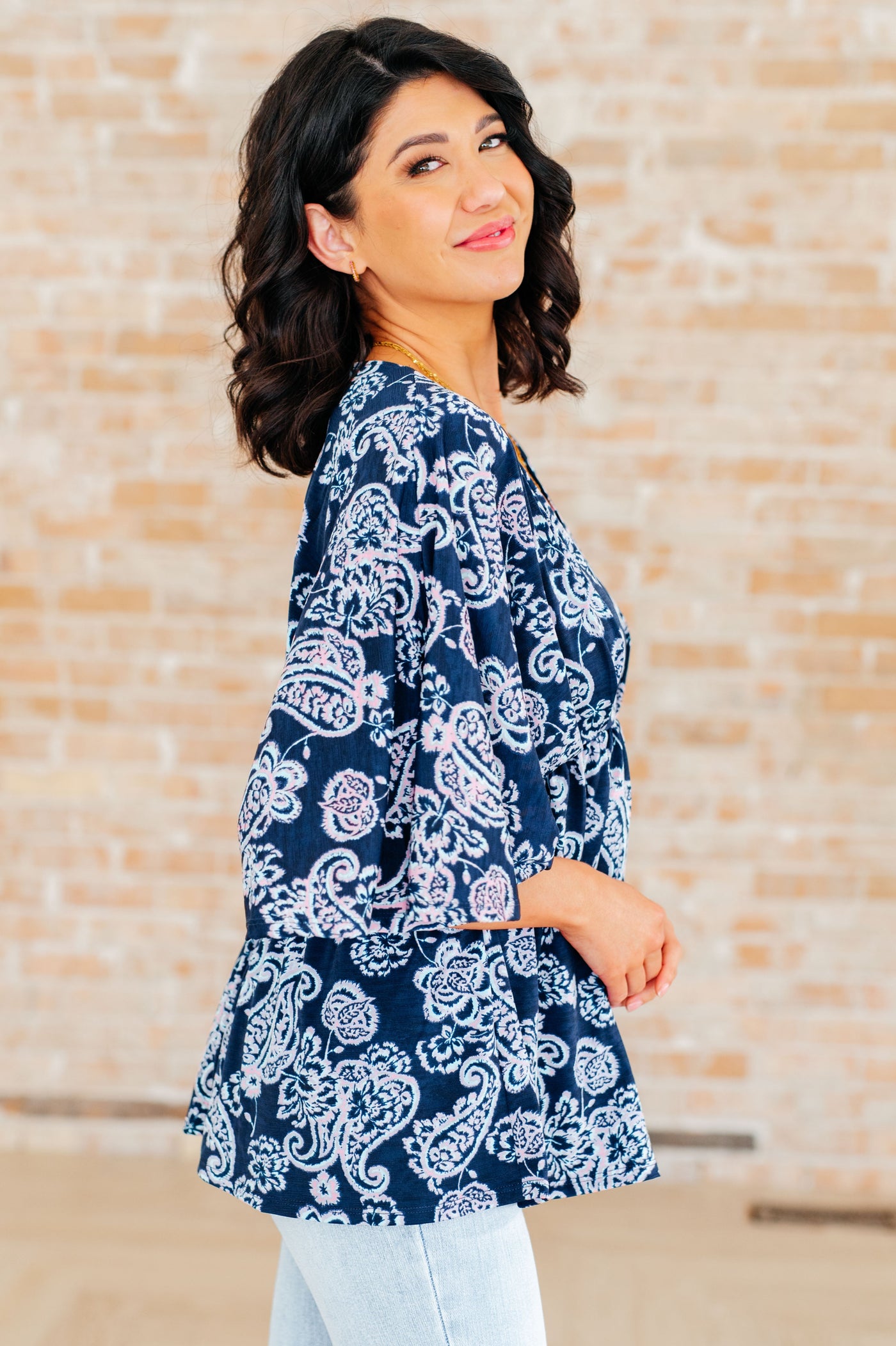 Dreamer Peplum Top in Navy and Pink Paisley Southern Soul Collectives