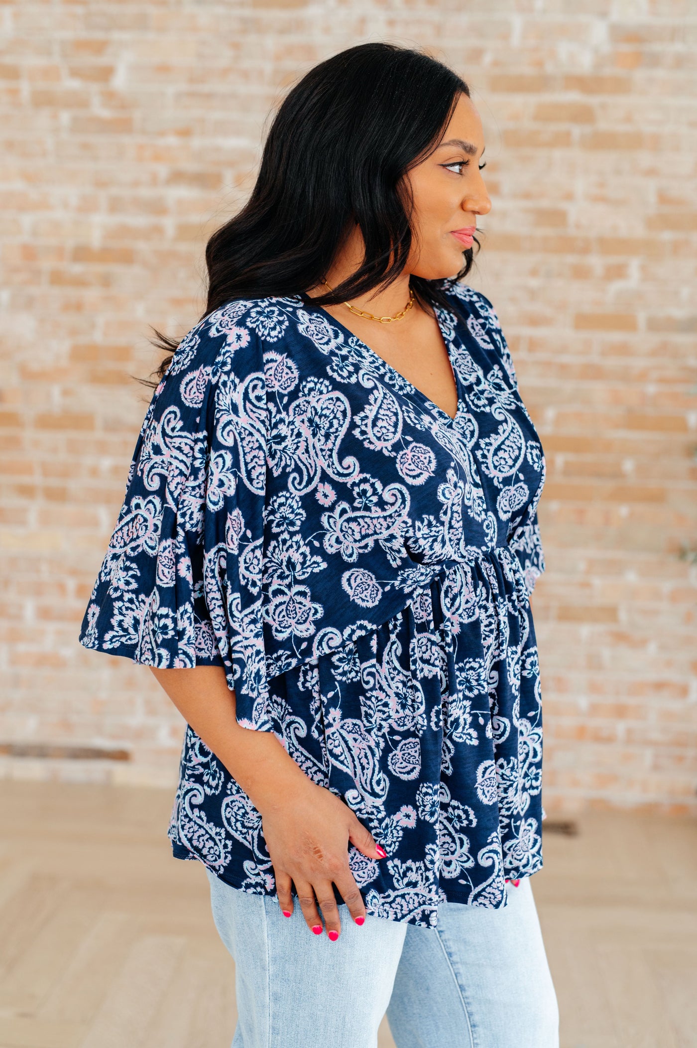 Dreamer Peplum Top in Navy and Pink Paisley Southern Soul Collectives