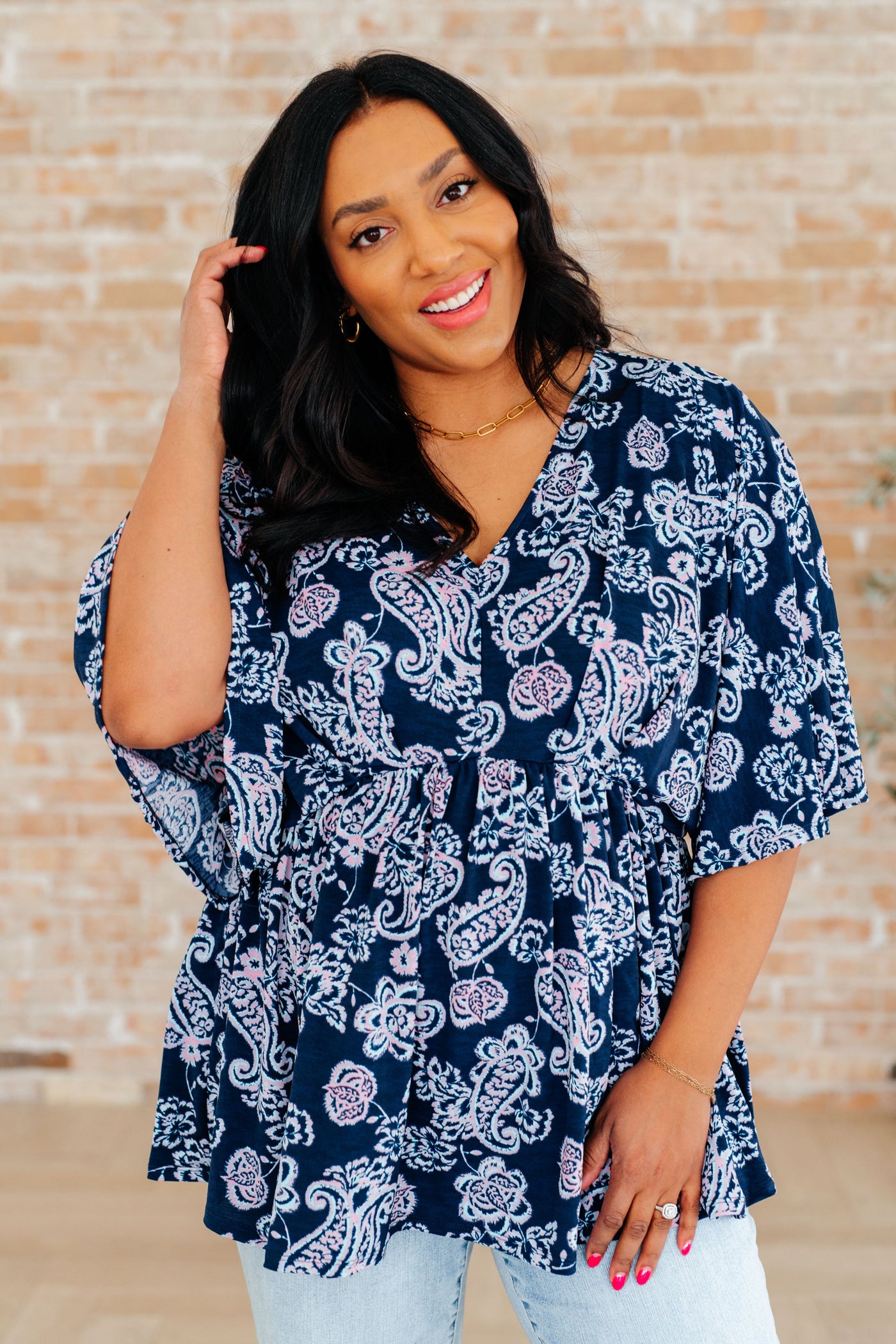 Dreamer Peplum Top in Navy and Pink Paisley Southern Soul Collectives