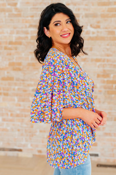 Dreamer Peplum Top in Purple Retro Ditsy Floral Southern Soul Collectives