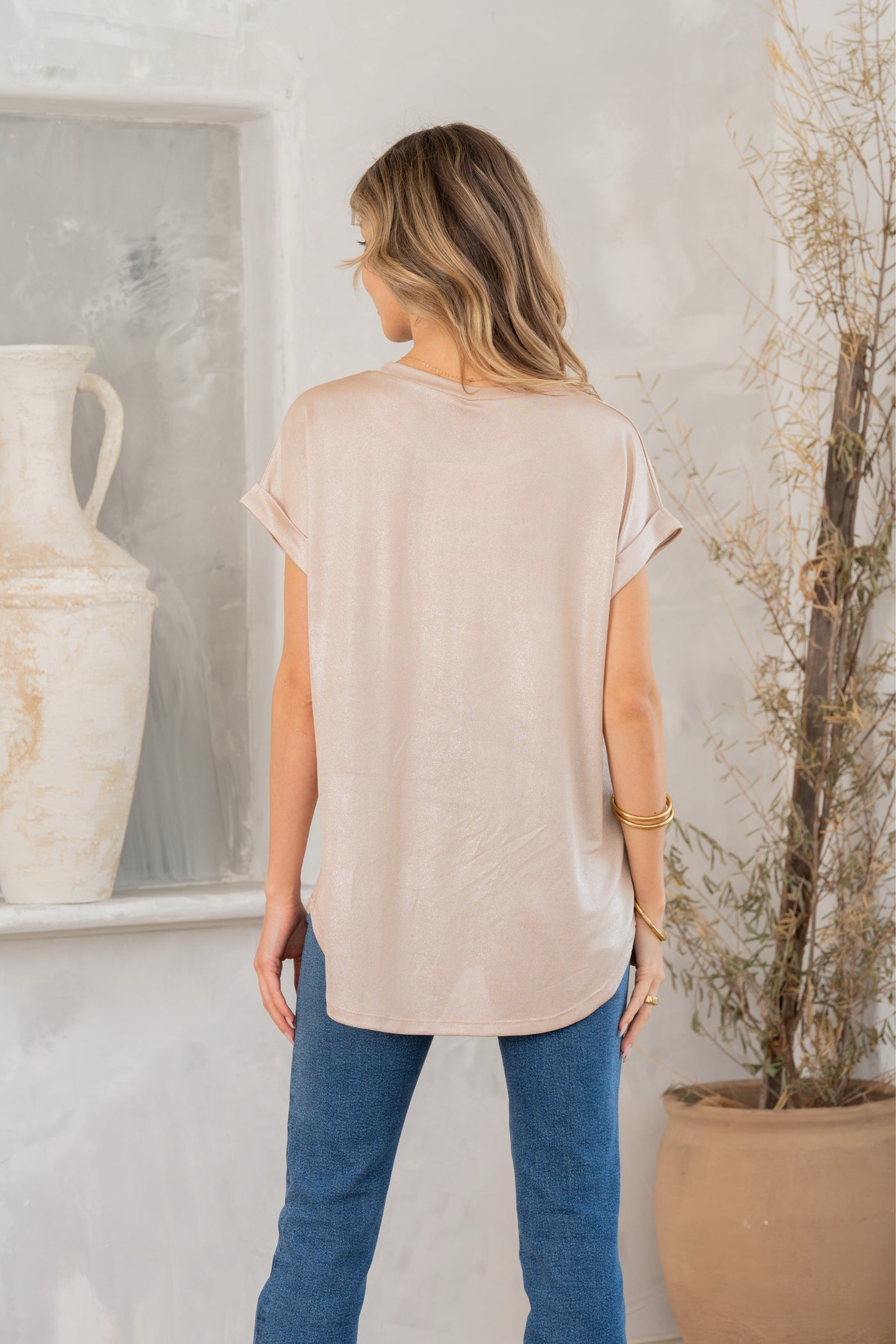 Shimmer Cuffed Top in Taupe Southern Soul Collectives