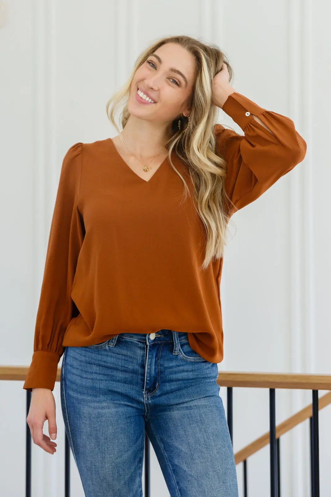 Enjoy This Moment V Neck Blouse In Toffee Womens Southern Soul Collectives