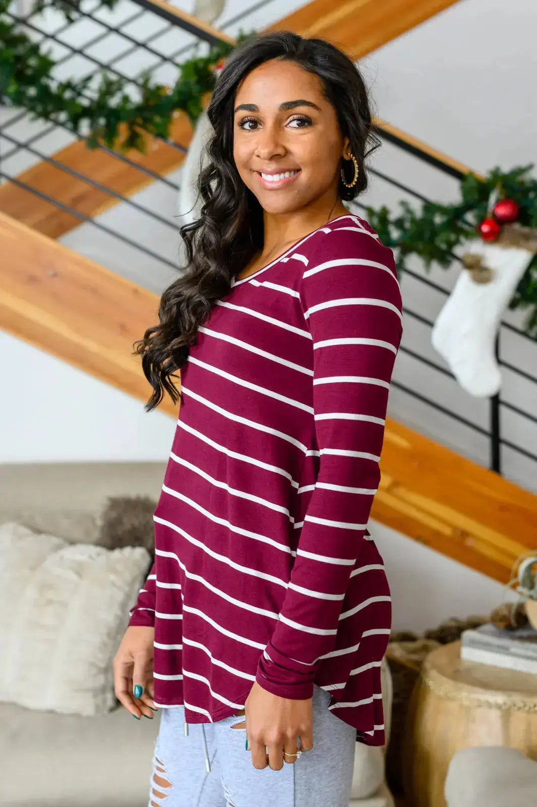 Erika Striped V-Neck Long Sleeve Top in Burgundy Womens Southern Soul Collectives