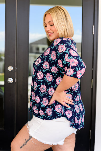 Essential Blouse in Navy and Pink Daisies Southern Soul Collectives