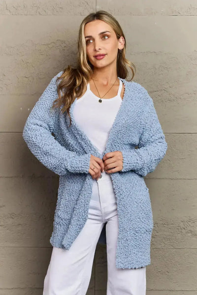 Falling For You Open Front Popcorn Cardigan in Pastel Blue  Southern Soul Collectives