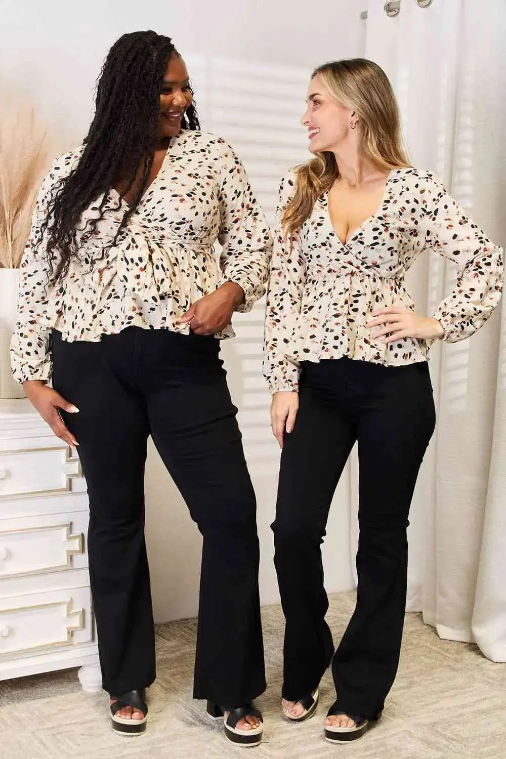 Falling for Print Tied Plunge Peplum Blouse  Southern Soul Collectives
