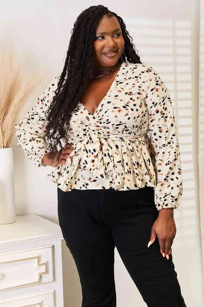 Falling for Print Tied Plunge Peplum Blouse  Southern Soul Collectives