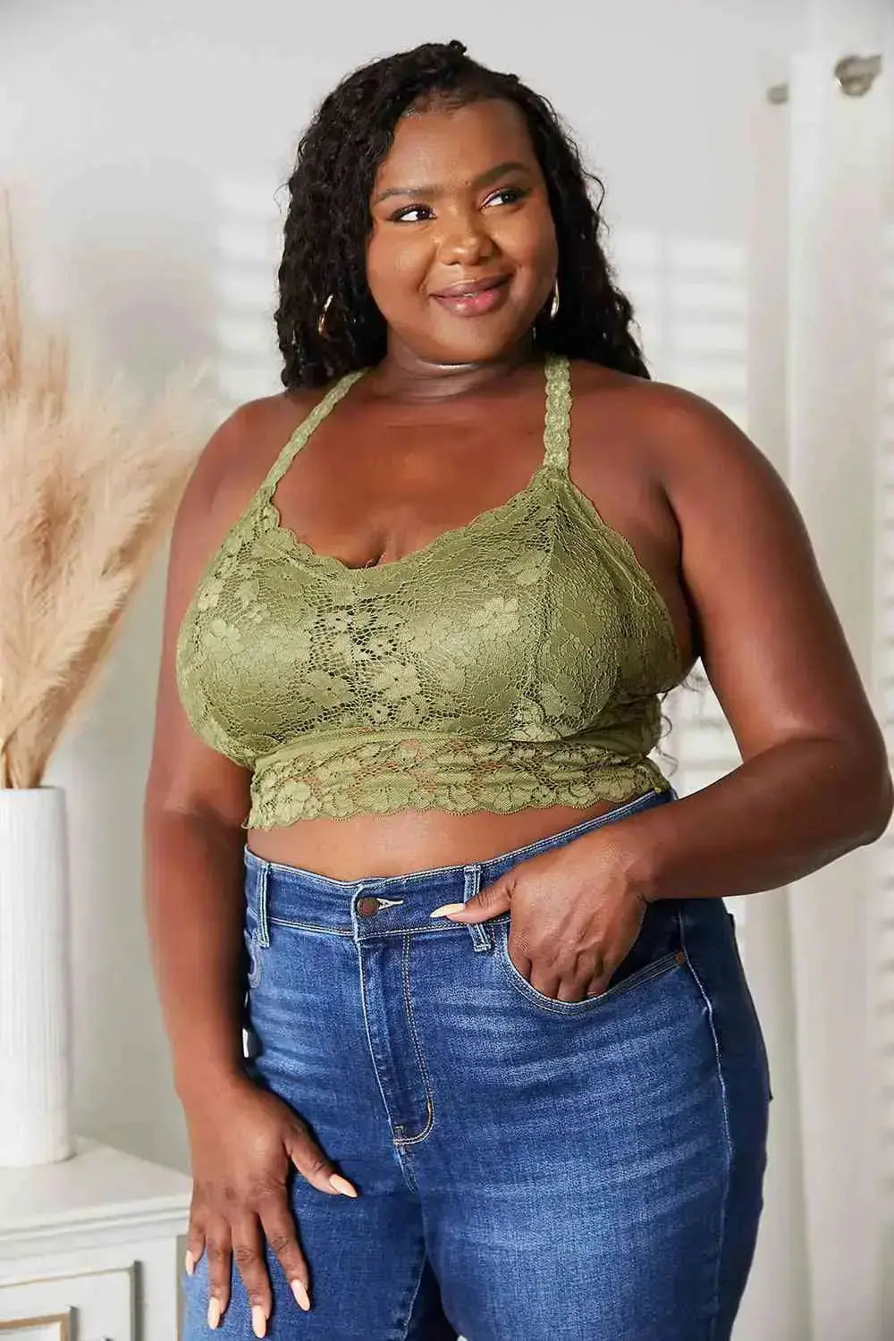Feeling Pretty Crisscross Back Lace Bralette in Olive Green  Southern Soul Collectives