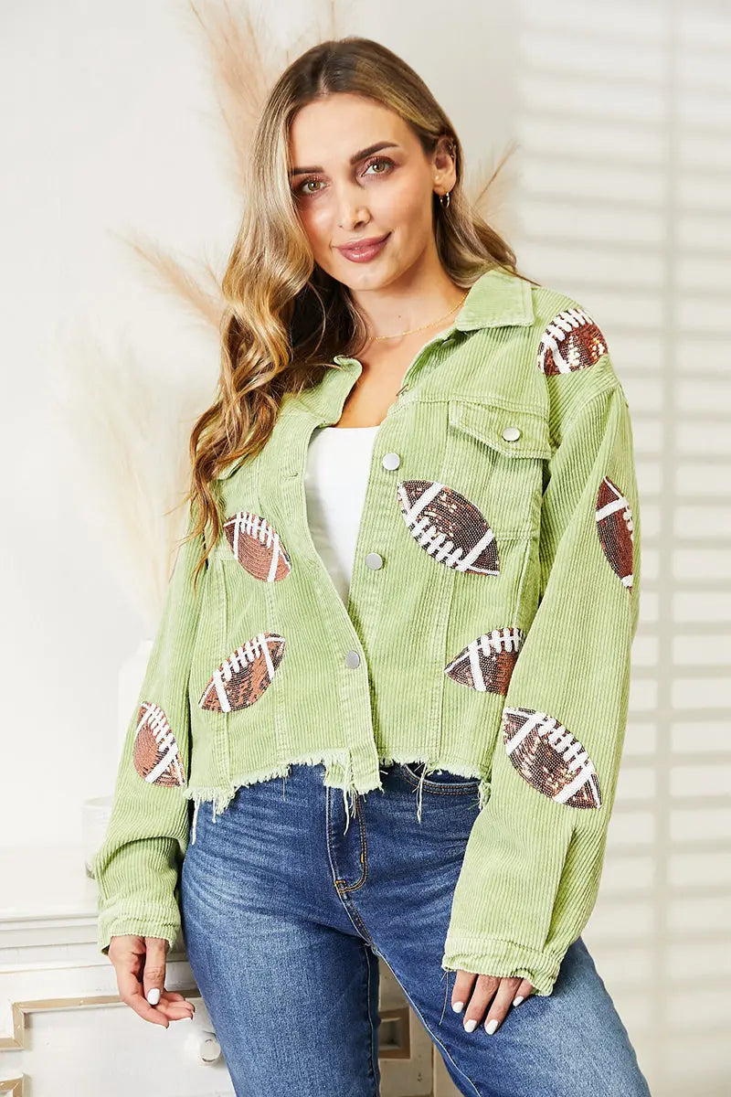 Football Patch corduroy Raw Hem Shacket  Southern Soul Collectives