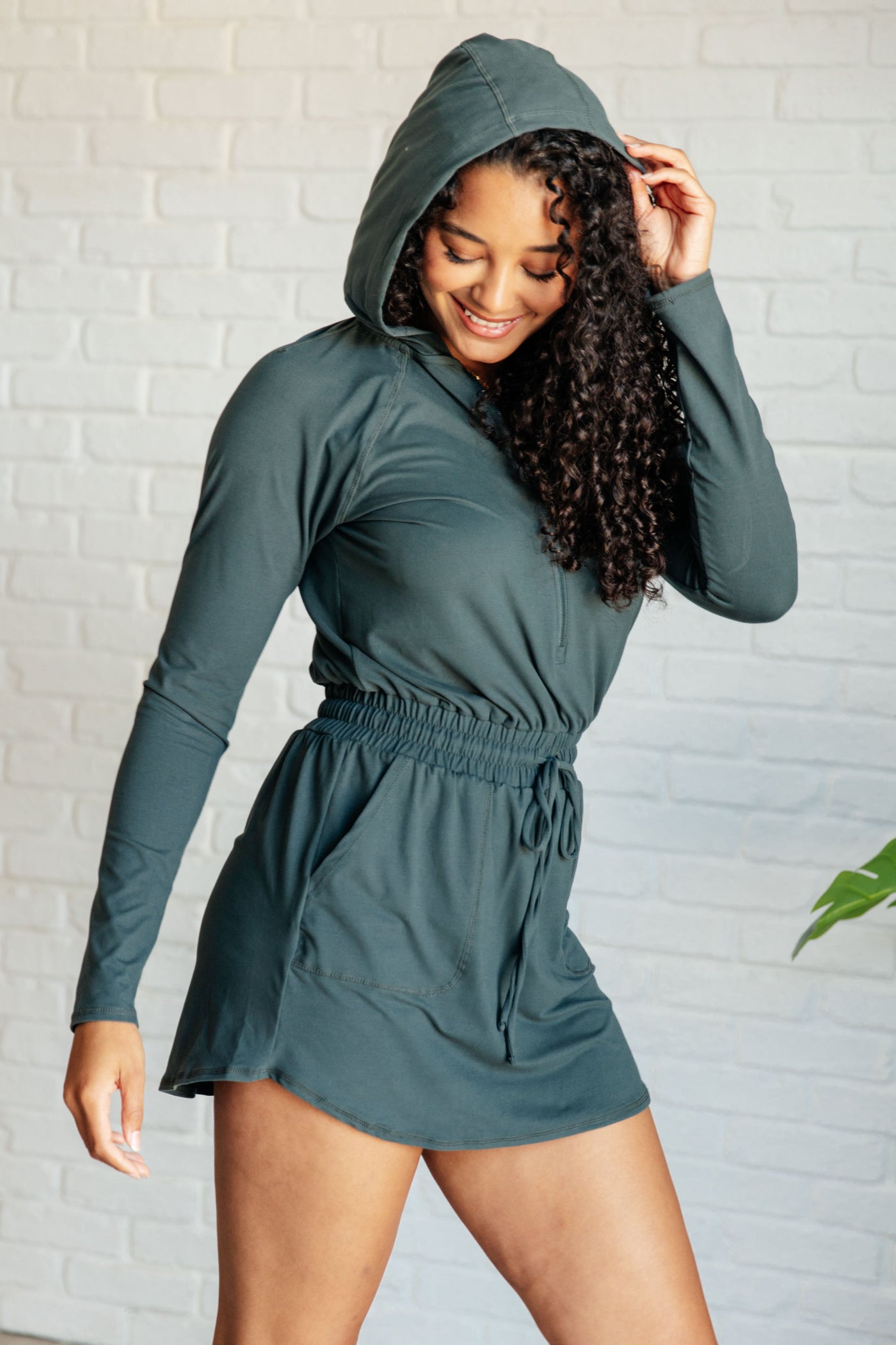 Getting Out Long Sleeve Hoodie Romper in Smoked Spruce Southern Soul Collectives