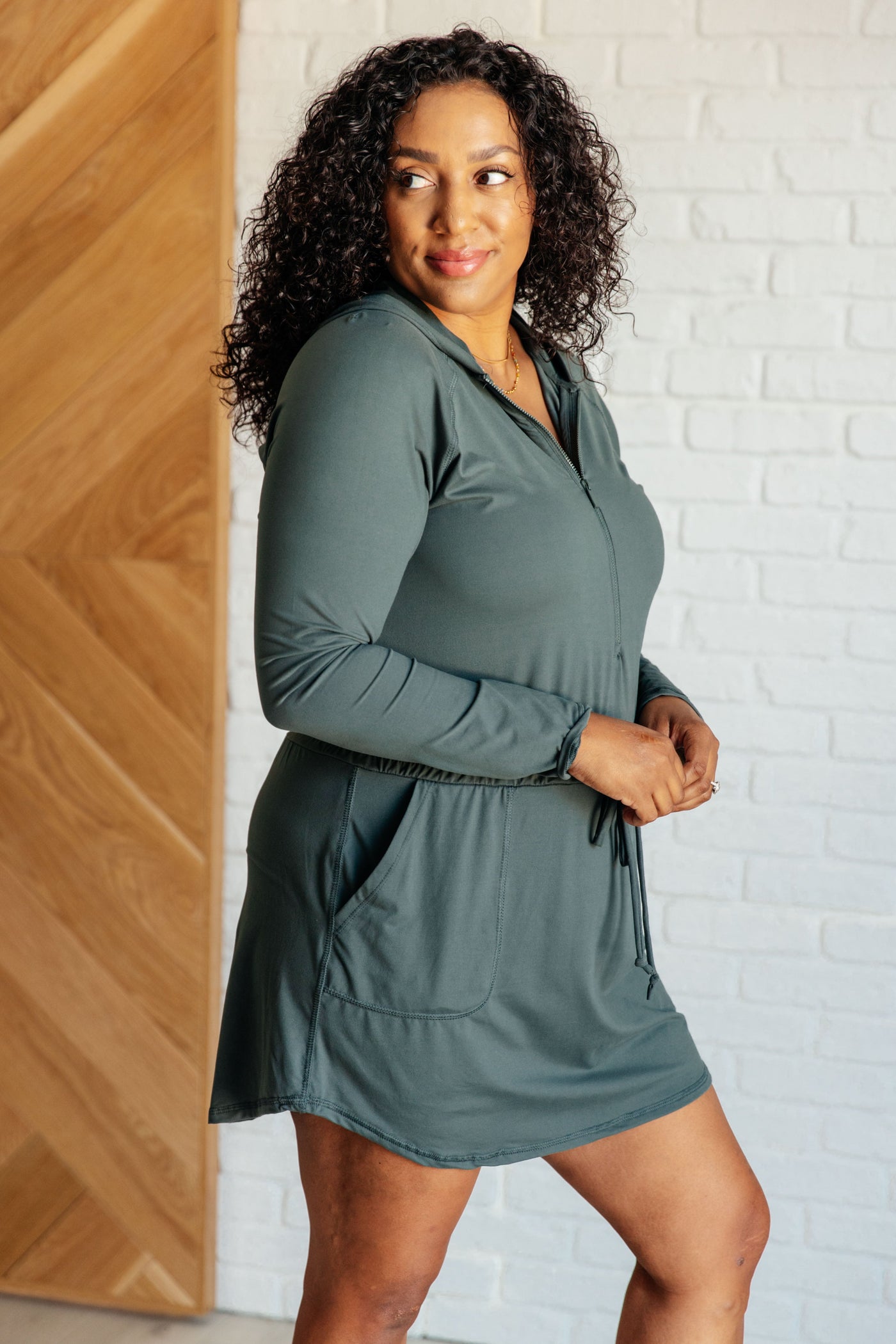 Getting Out Long Sleeve Hoodie Romper in Smoked Spruce Southern Soul Collectives