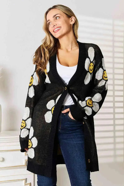 Happy Smiles Floral Button Down Longline Cardigan in Black  Southern Soul Collectives