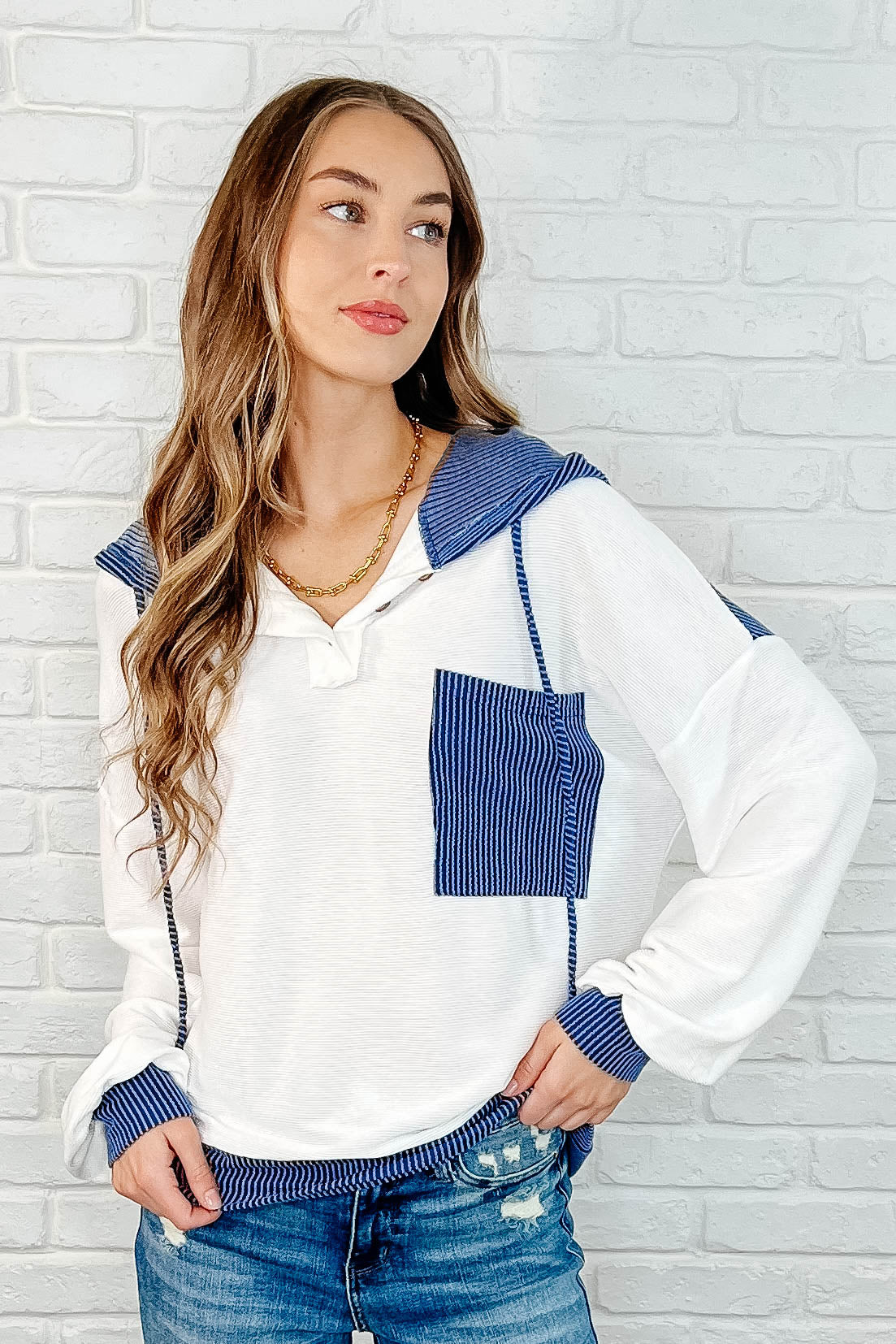 Here for Now Color Block Hoodie in Blue Southern Soul Collectives
