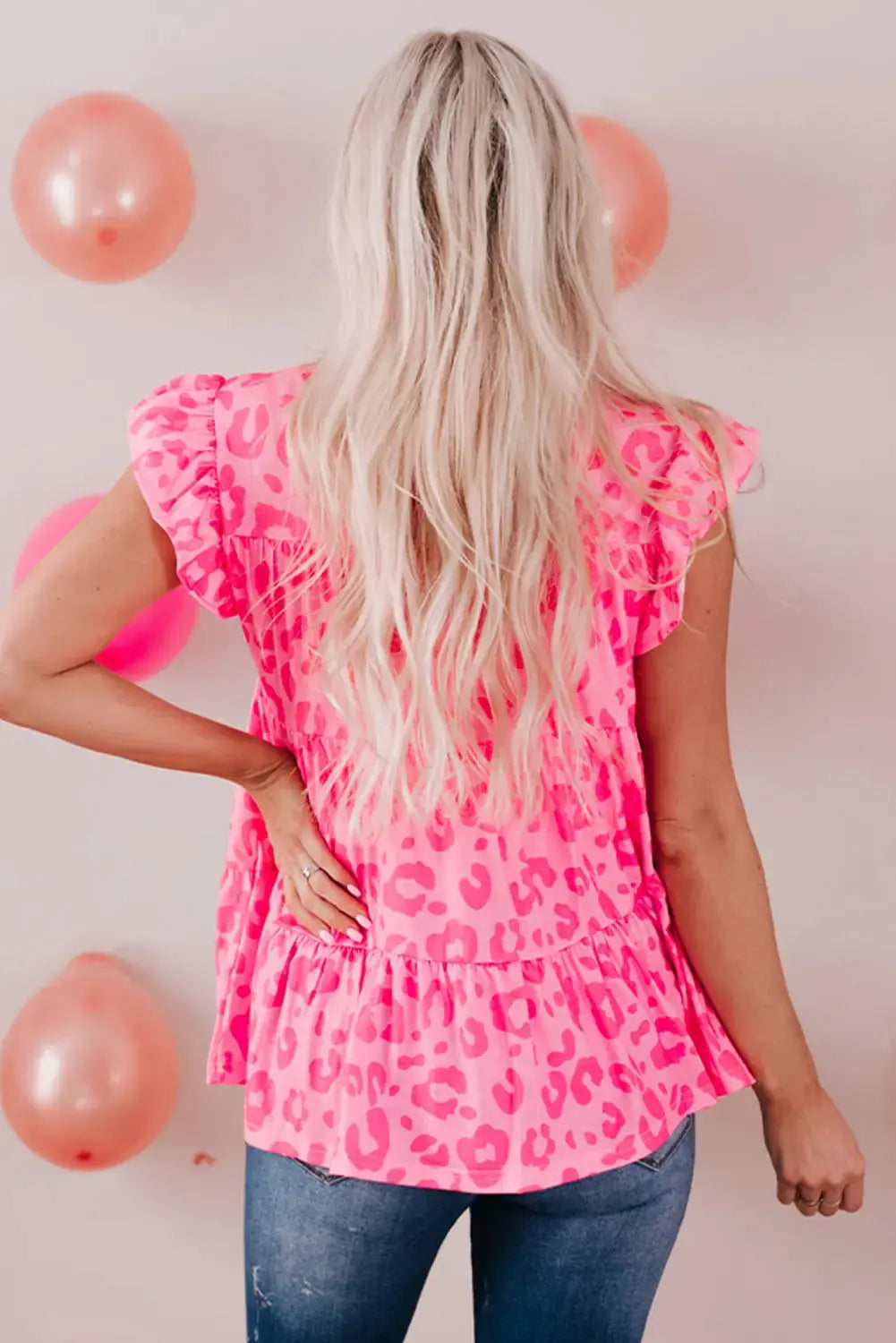Hot Pink Leopard Print Flutter Sleeve Tiered Blouse  Southern Soul Collectives
