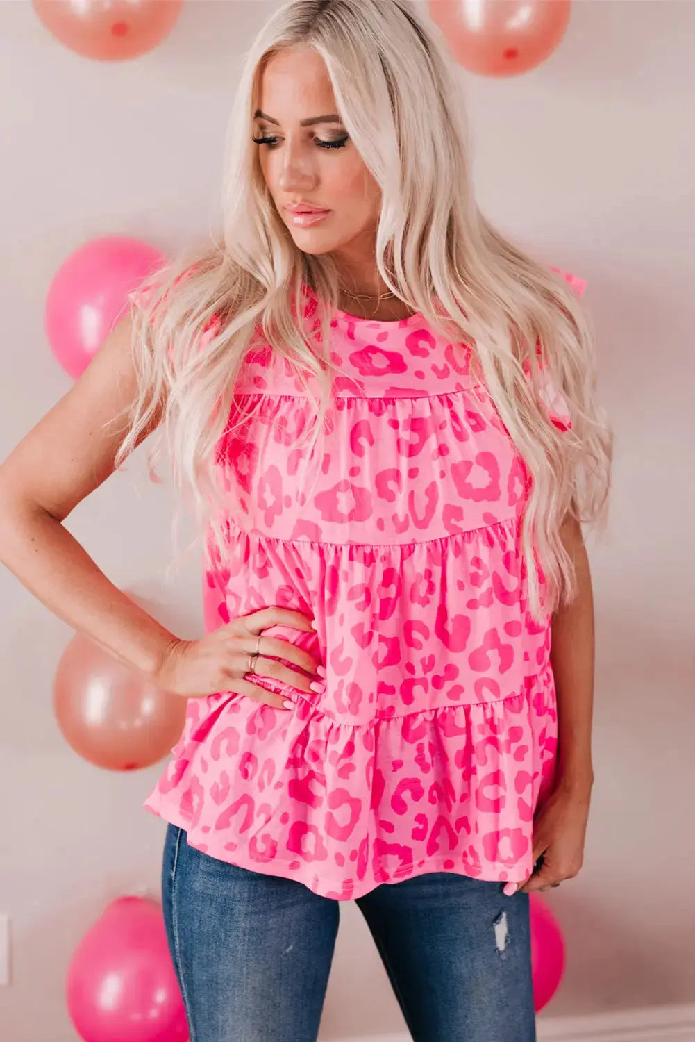 Hot Pink Leopard Print Flutter Sleeve Tiered Blouse  Southern Soul Collectives
