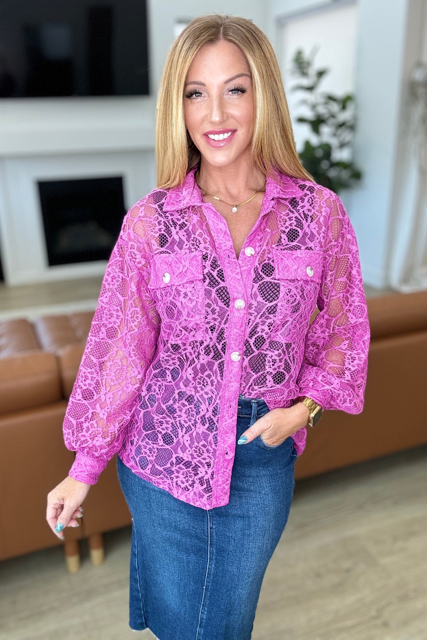 Stick Together Lace Button Up in Magenta Southern Soul Collectives