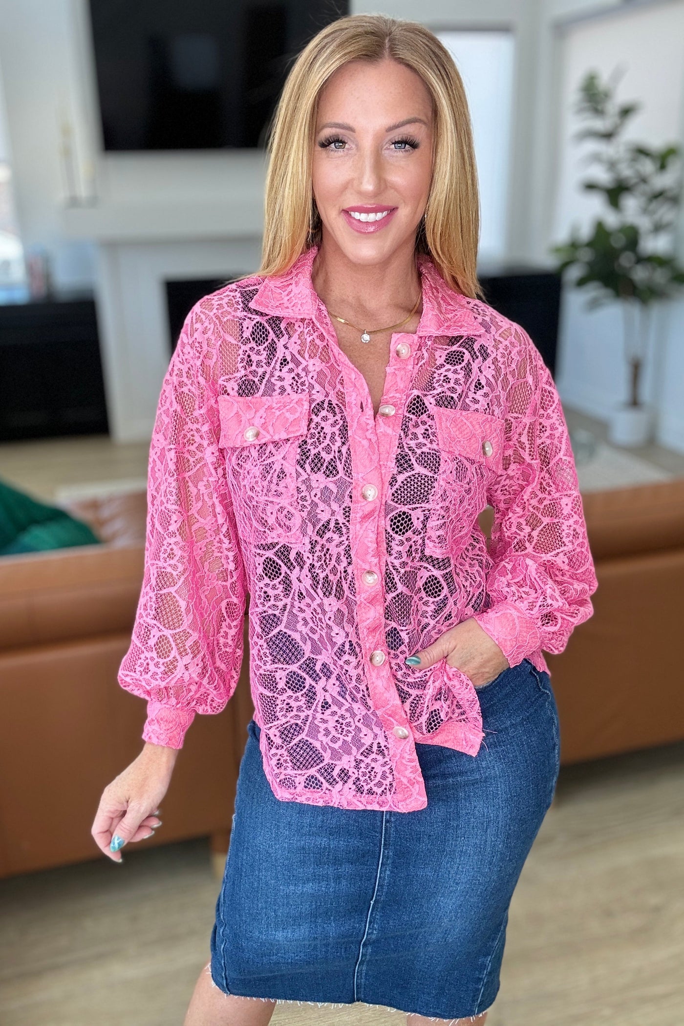 Stick Together Lace Button Up in Pink Cosmos Southern Soul Collectives