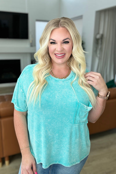 Mineral Wash Ribbed Round Neck Top in Turquoise Southern Soul Collectives