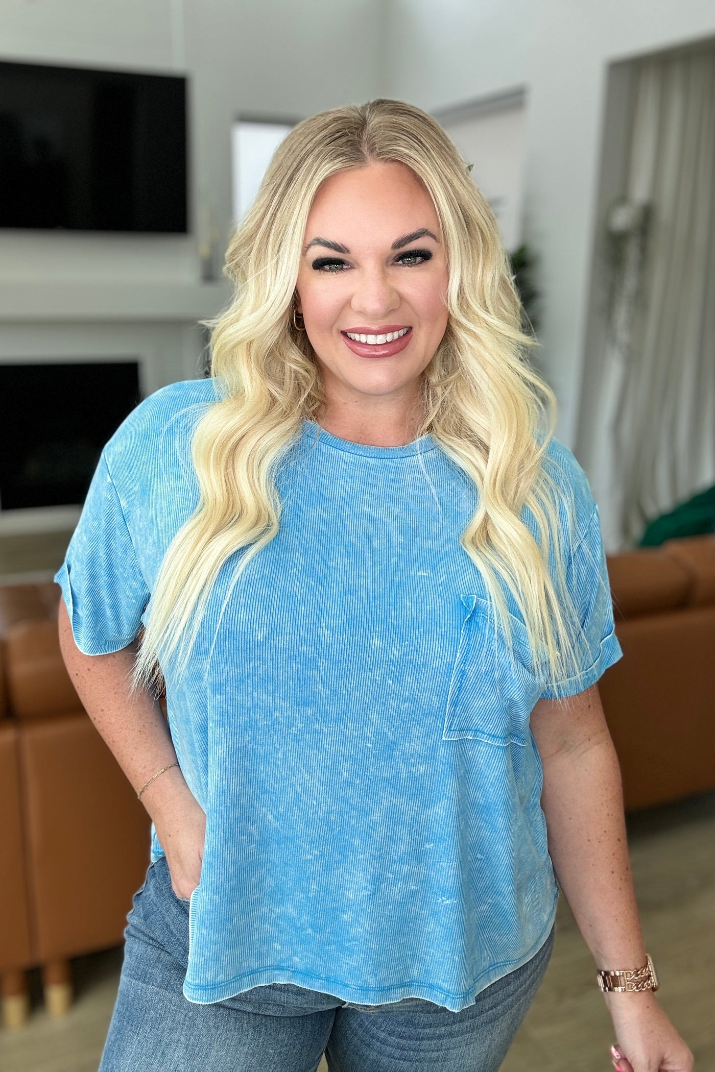 Mineral Wash Ribbed Round Neck Top in Sky Blue Southern Soul Collectives