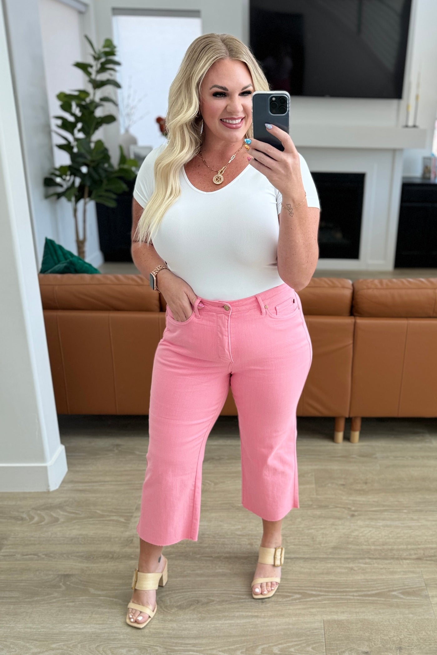 Lisa High Rise Control Top Wide Leg Crop Jeans in Pink Southern Soul Collectives