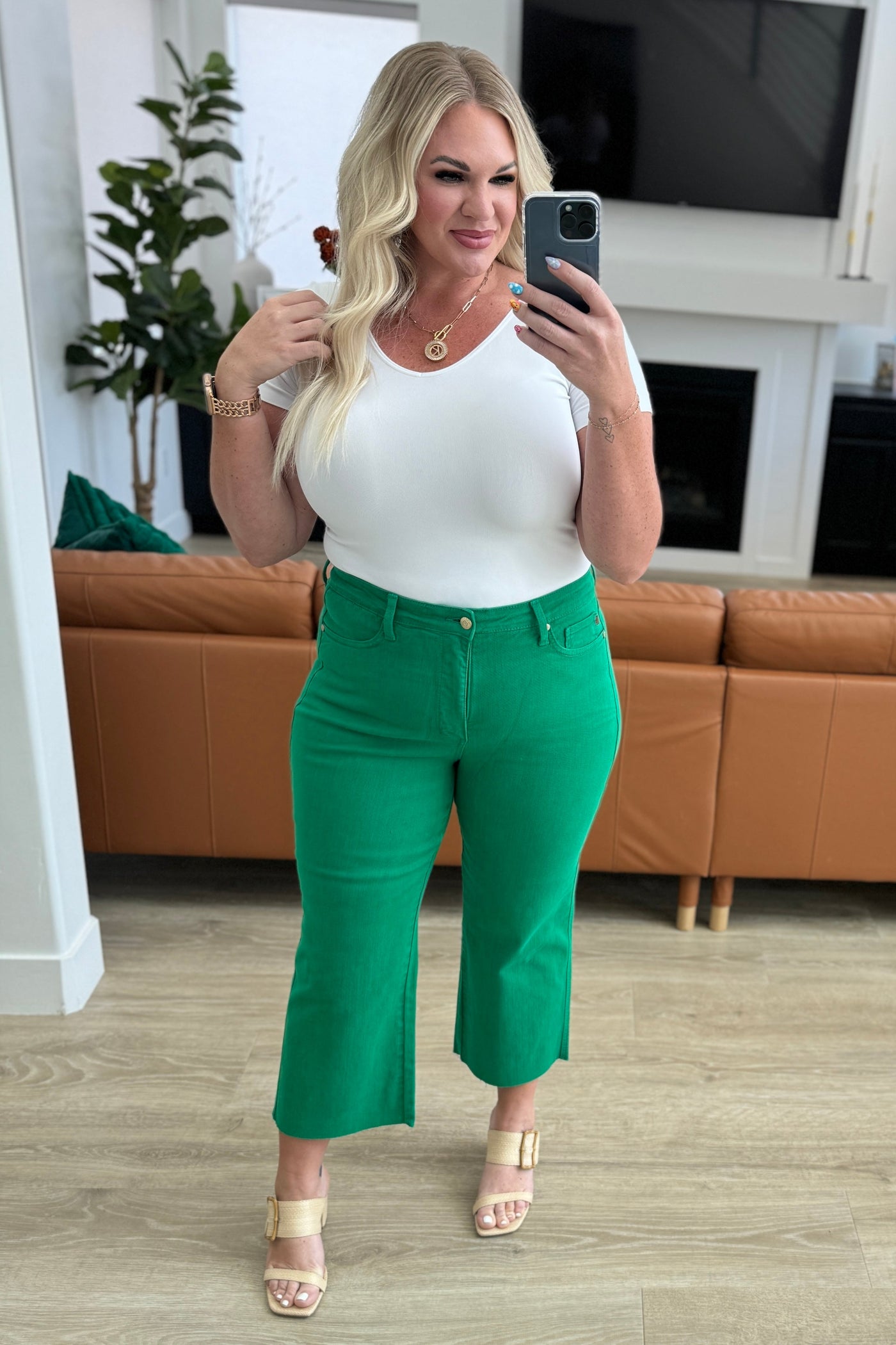 Lisa High Rise Control Top Wide Leg Crop Jeans in Kelly Green Southern Soul Collectives