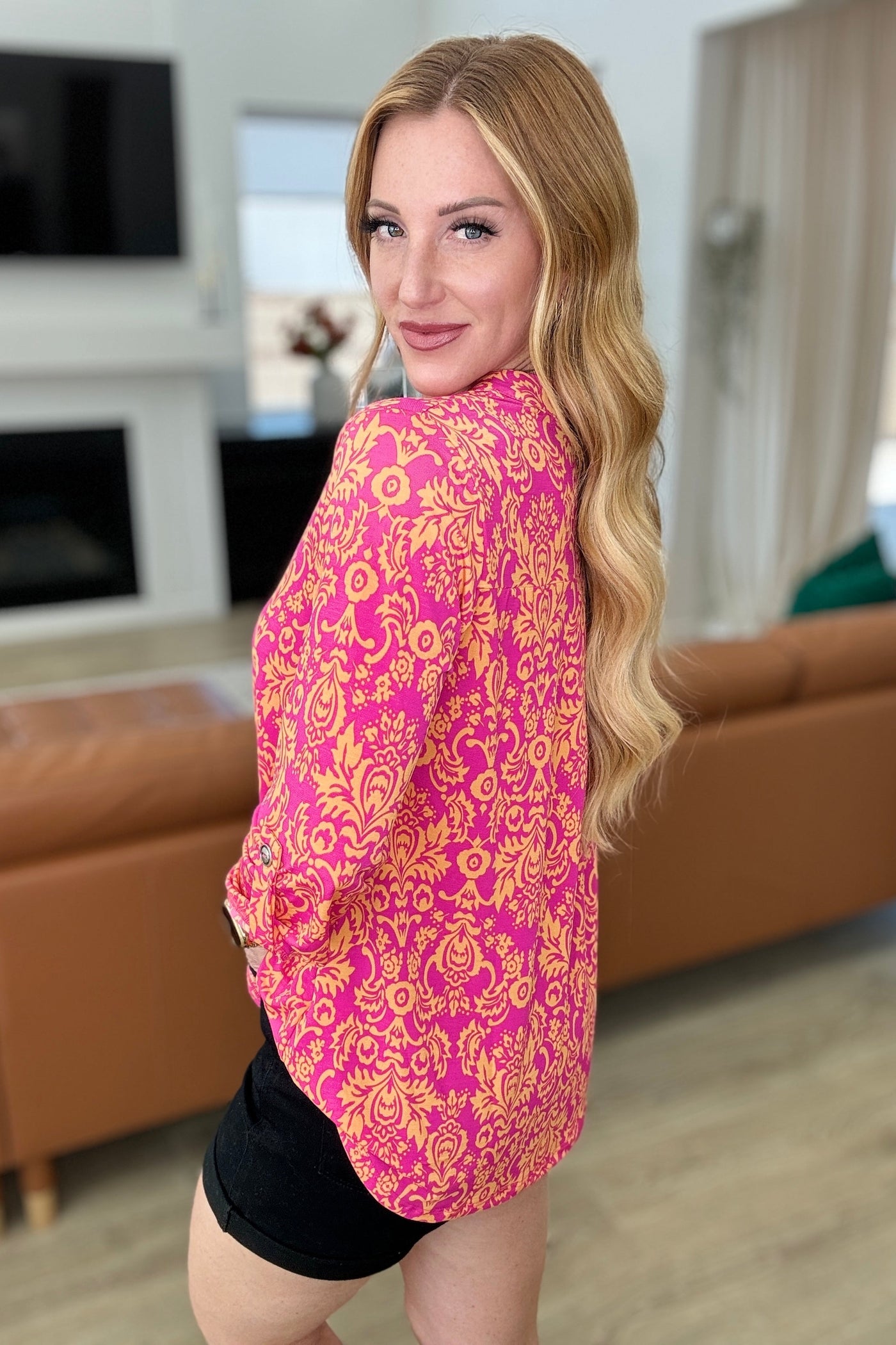 Lizzy Top in Hot Pink and Tangerine Damask Southern Soul Collectives