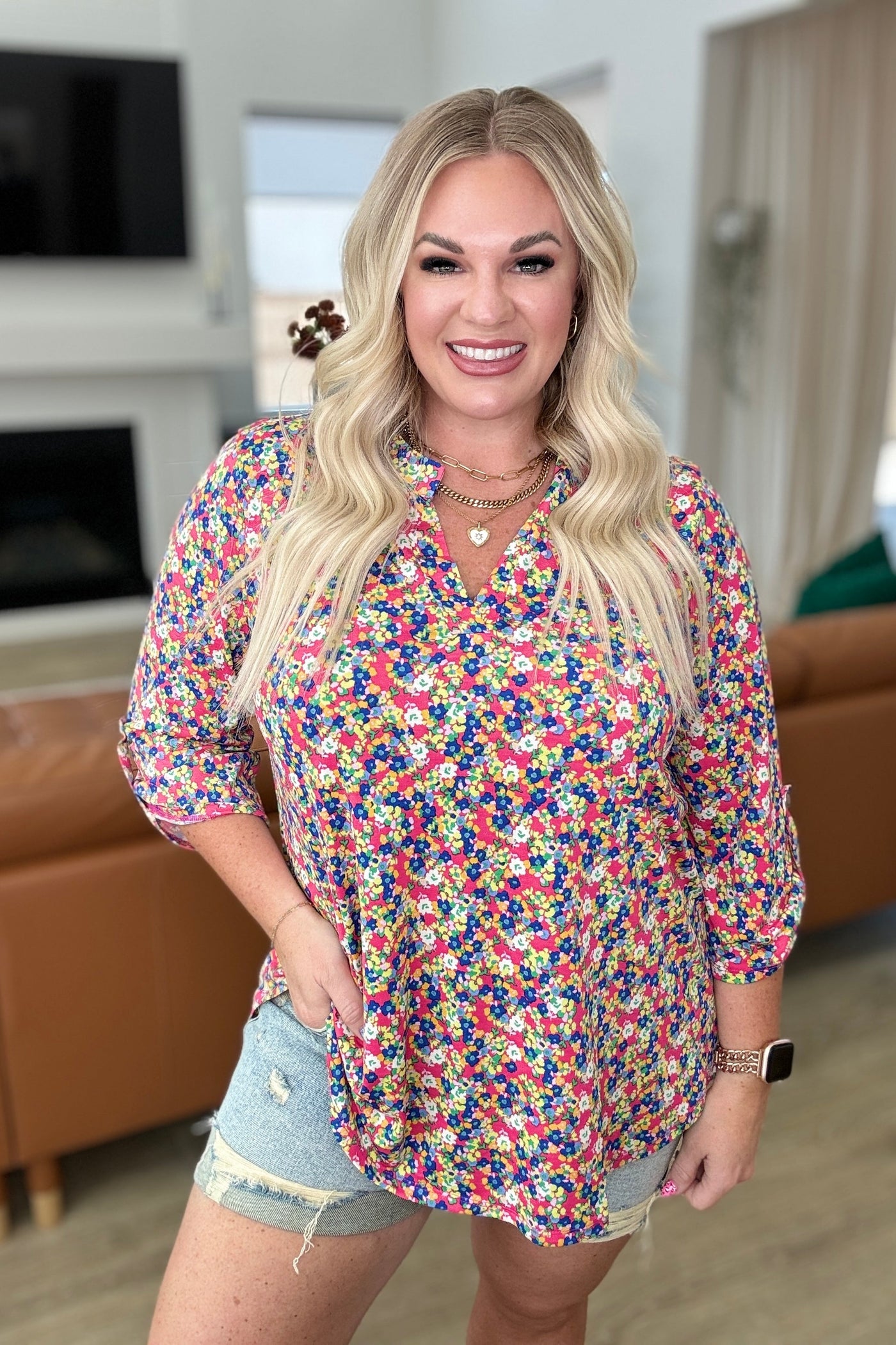 Lizzy Top in Coral Ditsy Floral Southern Soul Collectives