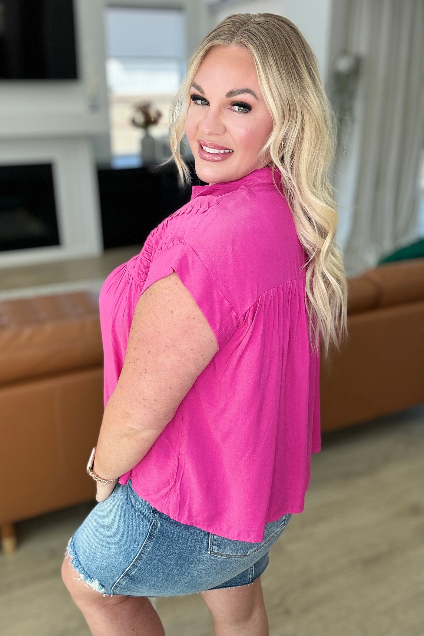 Pleat Detail Button Up Blouse in Hot Pink Southern Soul Collectives