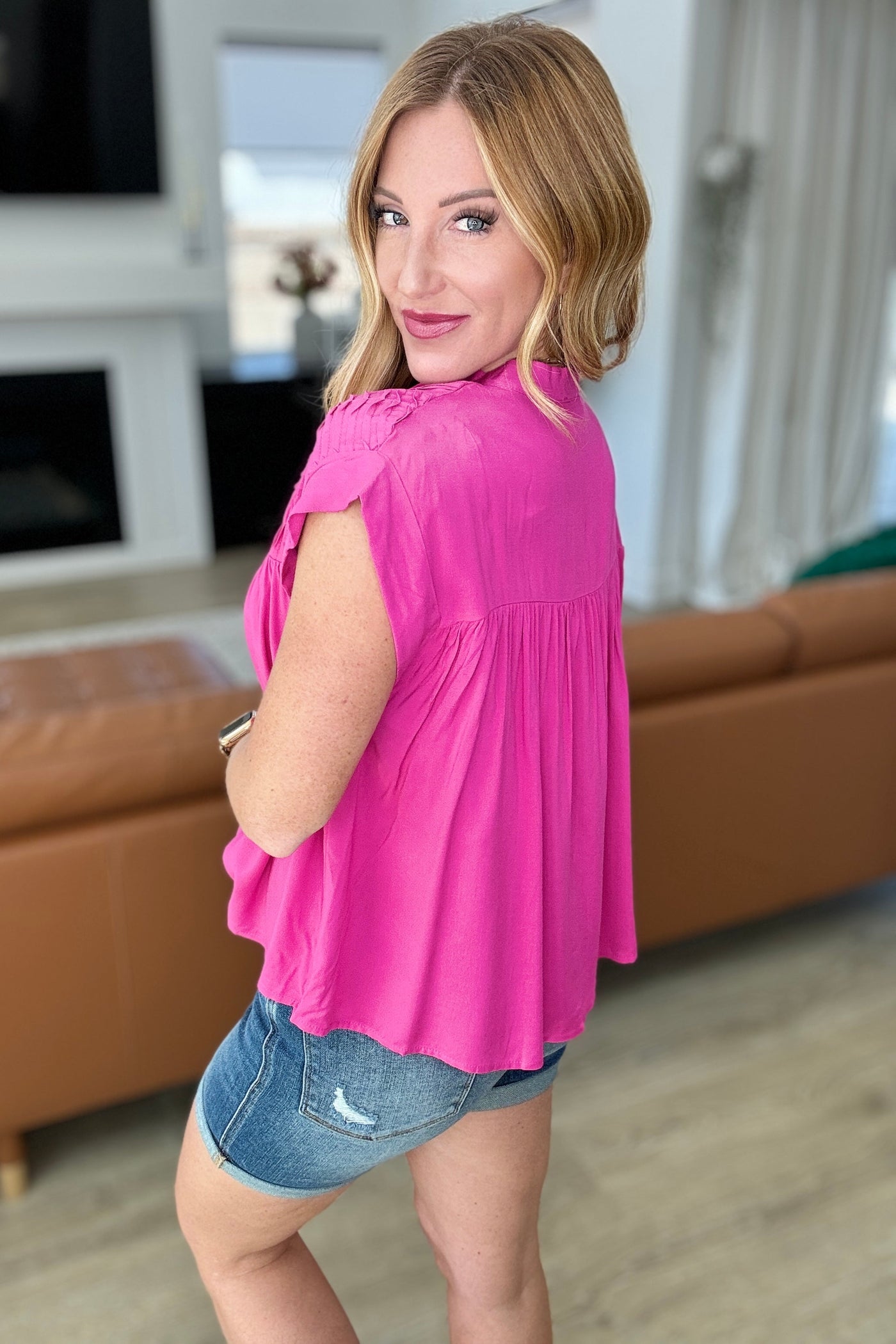 Pleat Detail Button Up Blouse in Hot Pink Southern Soul Collectives