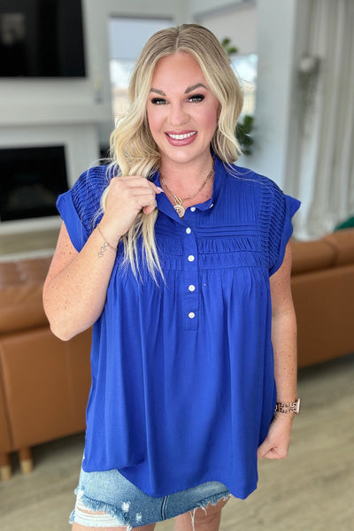 Pleat Detail Button Up Blouse in Royal Blue Southern Soul Collectives