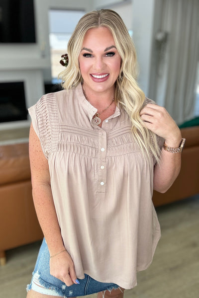 Pleat Detail Button Up Blouse in Taupe Southern Soul Collectives
