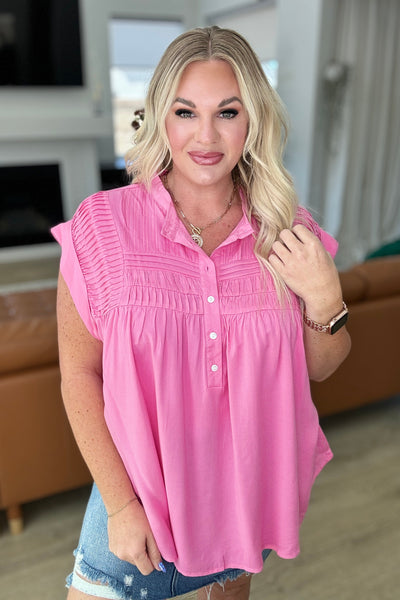 Pleat Detail Button Up Blouse in Pink Cosmos Southern Soul Collectives