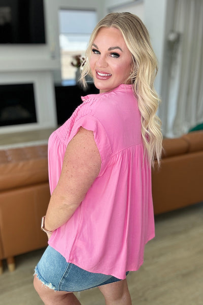 Pleat Detail Button Up Blouse in Pink Cosmos Southern Soul Collectives