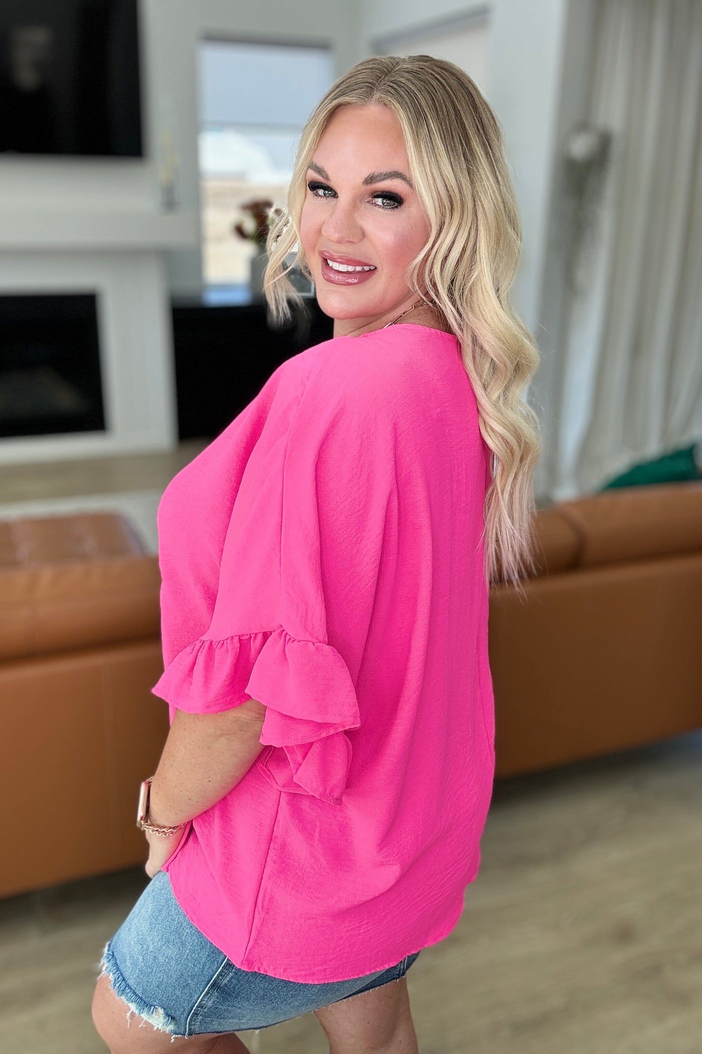 Airflow Peplum Ruffle Sleeve Top in Fuchsia Pink Southern Soul Collectives