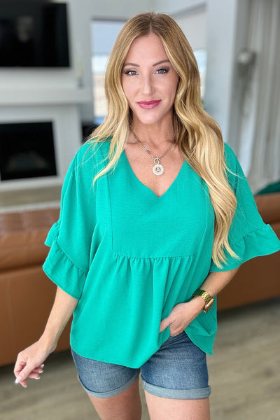 Airflow Peplum Ruffle Sleeve Top in Emerald Southern Soul Collectives