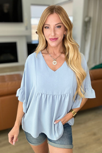 Airflow Peplum Ruffle Sleeve Top in Chambray Southern Soul Collectives