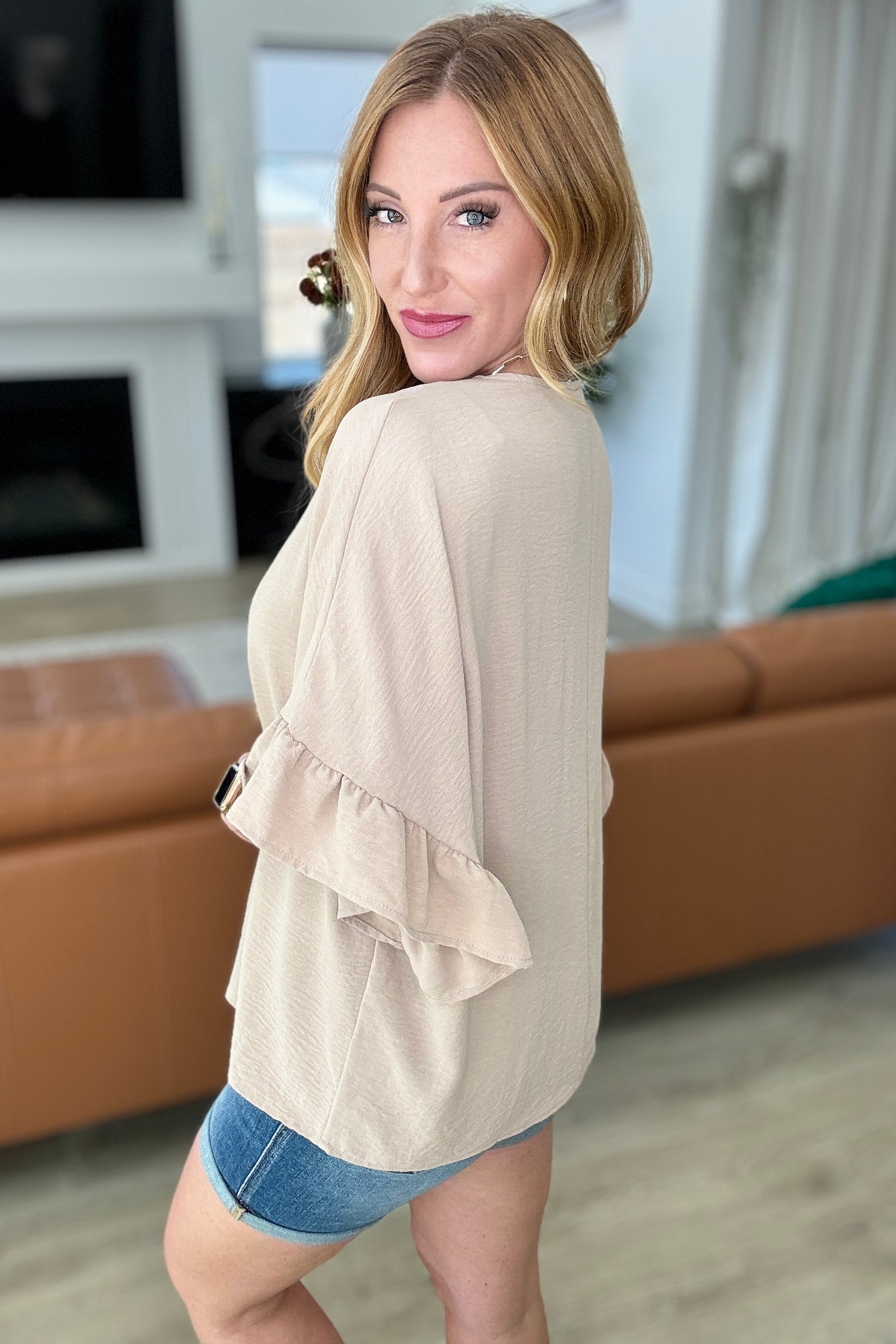 Airflow Peplum Ruffle Sleeve Top in Taupe Southern Soul Collectives