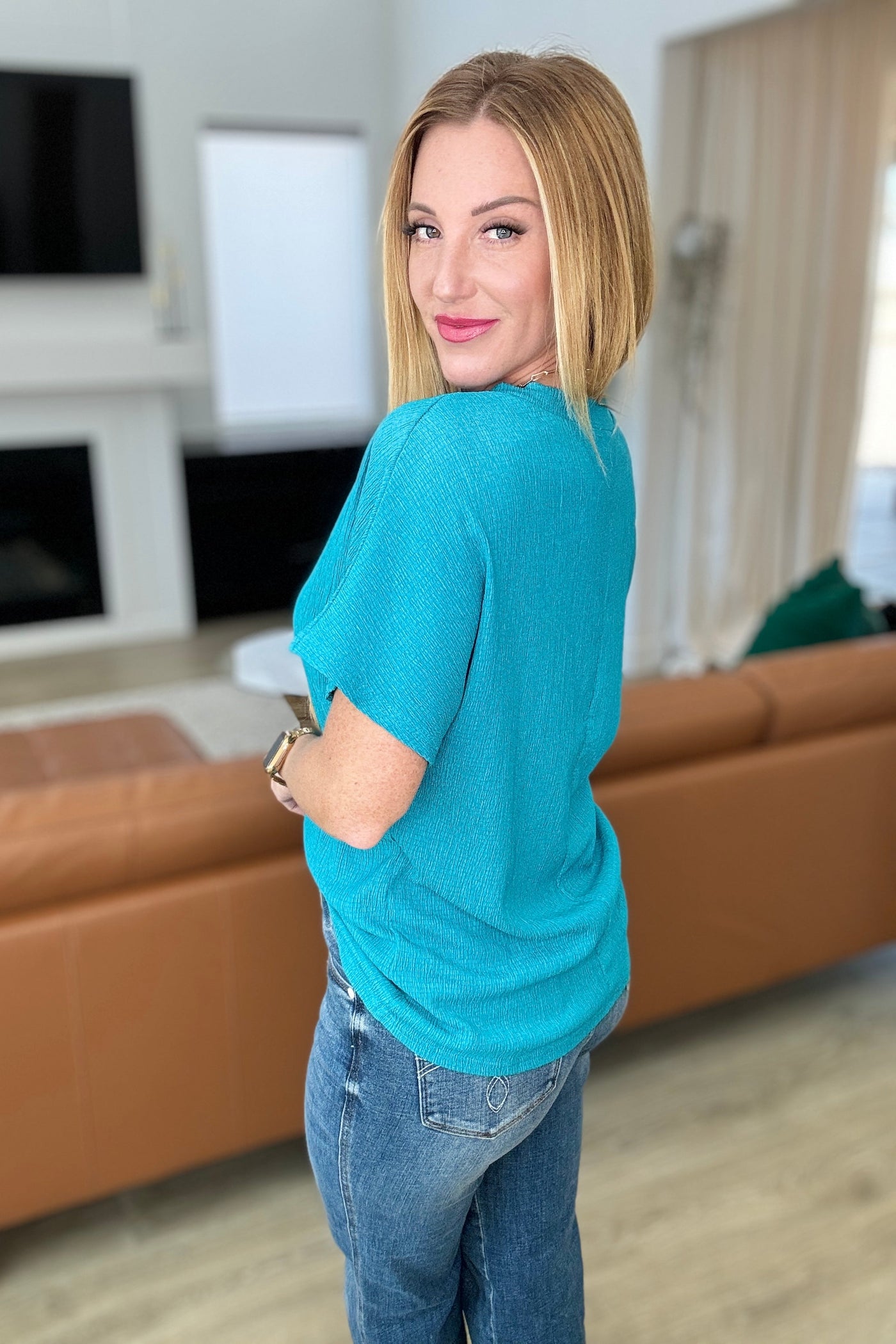 Trial and Error Textured V-Neck Blouse in Teal Southern Soul Collectives